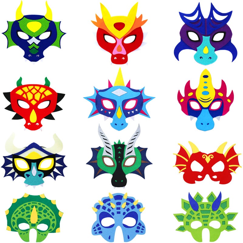 iROLEWIN 12 Pack Felt Dragon-Masks for Kids Party-Favors Toys Dinosaur Dress-Up-Costumes Boys Girls Christmas Birthday Gifts - Image 1